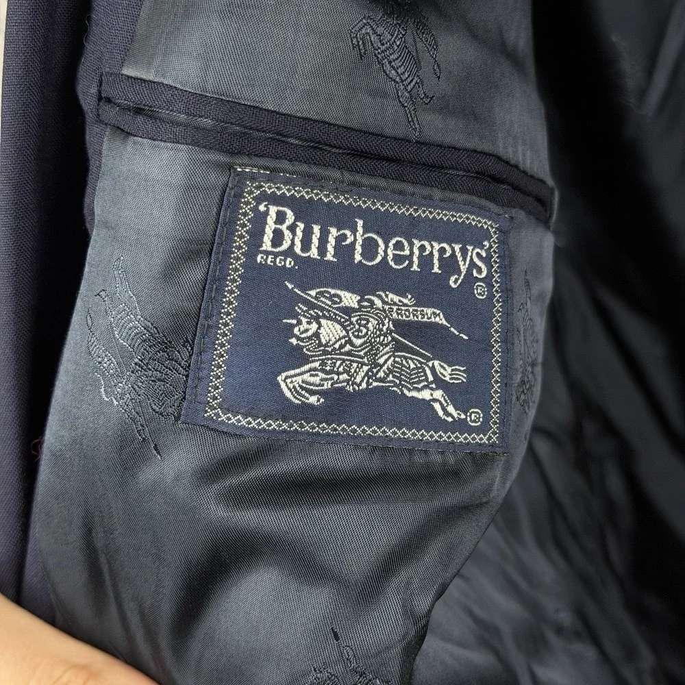 Vintage BURBERRYS Navy Blue Gold Button Super 100's Wool Double Breasted Blazer‎